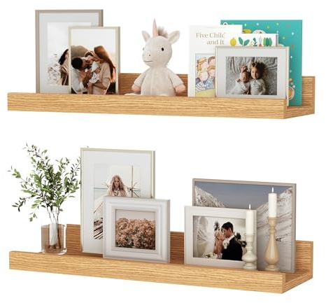 Set di 2 mensole galleggianti da 40 cm, in legno di rovere naturale, montaggio a parete, per foto, librerie per bambini, per soggiorno, cucina, camera da letto, bagno, foto, organizzazione della casa