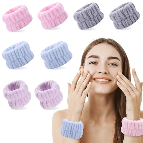 4 Par Muñequeras Toalla, Muñequeras de SPA,Bandas de Muñeca Absorbentes de Agua Suave, Muñequeras de Microfibra para Lavarse Cara,para Maquillaje y Lavar Cara,para Niña Mujer