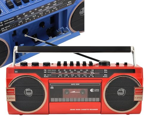 Reproductor de Casete Boombox, Boombox Retro con Bluetooth, Altavoces Bluetooth 5.0 (Distancia de transmisión: 10 m), AM/FM/SW12 de Tres Bandas, Estilo clásico de los años 80, Rojo