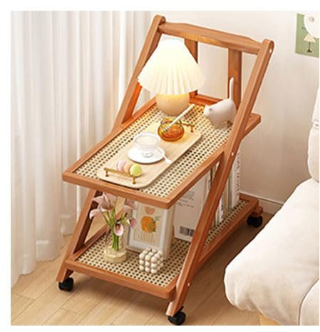 Scaffale a scala mobile in legno multistrato con piano di lavoro in rattan, carrello da caffè, tavolino pieghevole su ruote, per soggiorno, camera da letto, cucina, marrone, 2 ripiani