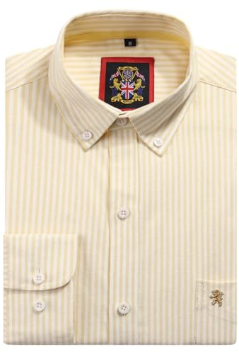 Mens Long Sleeve Shirt Oxford Button Down,Authentic Oxford Crease Free Fabric,16 Plain Colors and Matching Striped Designs.Casual or Smart Work Attire (Mellow Lemon, LG)
