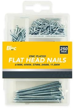 250pcs Assorted Flat Head Nails Zinc Plated 5 Sizes Round Metal Nails Set for Framing and Fencing Wood Carpentry Hanging Pictures Mounting Shelves Masonry DIY Homework Furniture Or Construction