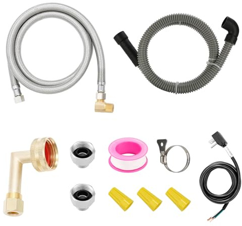 Solimeta Universal Dishwasher Installation Kit – 6ft Stainless Steel Inlet Hose + 6ft Drain Hose with Power Cord & Accessories