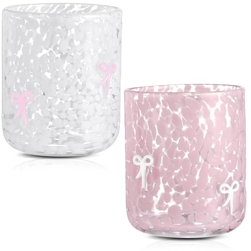 Yoiemivy 2 Pack Bow Icon Juice Glasses Coquette Aesthetic Glass Cups 14 oz Double Old Fashioned Icon Handblown Stemless Wine Glasses Cute Pink Glass Drinking Cups for Party Supplies Gifts