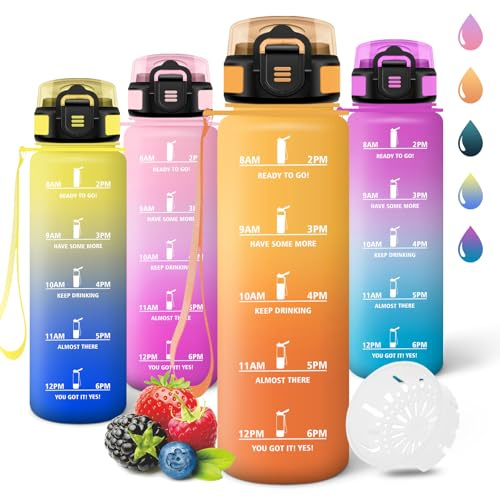 Trinkflasche, 1000ML BPA-Frei, Wasserflasche, Auslaufsicheres Schlossdesign, Gym Flasche, Flasche mit zeitmarkierung, Sport Trinkflasche für Camping, Fitnessstudio, Berge besteigen - Bernstein&Orange