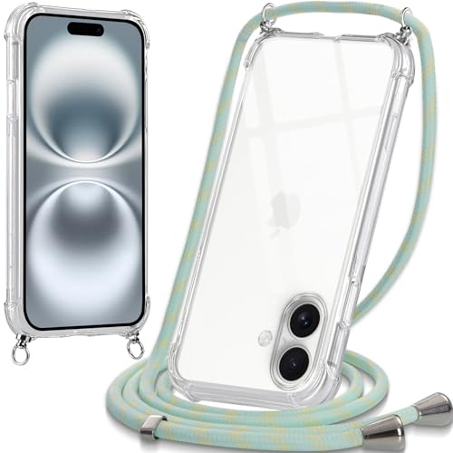 Oelrstfe Coque pour iPhone 17 avec Cordon, Transparente Silicone Housse avec Réglable Cordage - Collier Case Protection pour iPhone 17, Bandoulière - Vert