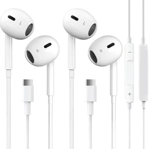 Paquete de 2 auriculares USB-C (tipo C) para iPad Pro y iPhone serie 15, auriculares estéreo de alta fidelidad con cable con micrófono y control de volumen, compatibilidad universal para dispositivos