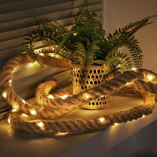 Ciskotu Fairy Rope LED Lights 30mm Thick Beige Cotton Rope, 60 LEDs String Light Warm White, Waterproof Summer Decoration Lighting for Decoration Outdoor Garden Patio Balcony 3m
