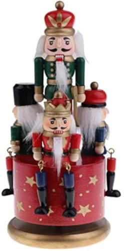 Wenxishangmao Boîte à musique de Noël Casse-noisette en bois, figurines de soldat Casse-noisette, ornement traditionnel en bois, boîte à musique à remonter avec base ronde, rouge