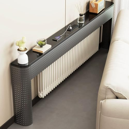 HOLGVE Thicken Glass Radiator Shelf, Metal Radiator Cover, Side Display Entryway Table, Sofa Table Behind Couch, for Home Living Room Bedroom Hallway(Black,62.9in/160cm)