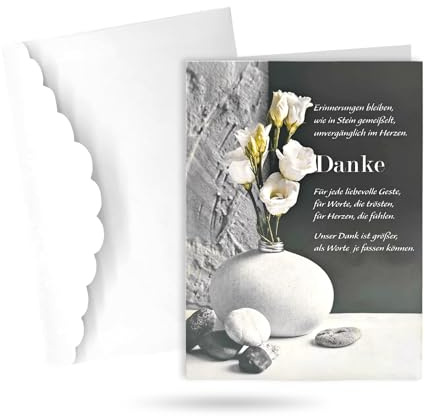 10 Danksagungskarten Trauer mit Umschlag,Beileidskarten mit Umschlag | Danksagung Trauerkarten,Klappkarten Trauerkarten, Dankeskarten Trauer,Weiße Blüten und Steine,Kondolenzkarte(Faltbar)