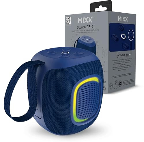 Mixx Sound Q DB10 Portable Bluetooth 10W Wireless Mesh Speaker10W, Connect multiple Speakers, 8H Playtime, USB-C Fast Charge, AUX/USB/Micro SD Playback, IPX5 Splashproof, LED Lights, Portable Strap