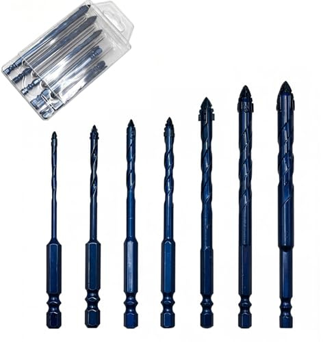 7 Pcs Eccentric Drill Bit Set, Tungsten Carbide Masonry Drill Bits with 1/4 Hex Shank, Four-Blade Serrated Design for Tile, Glass, Porcelain, Brick, Ceramic, Wood, Quartz, Marble (3.5-12mm)