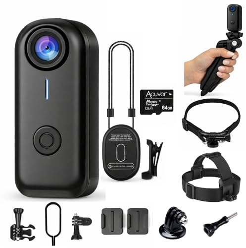 Acuvar Mini videocamera 1080P con 64 GB, kit di telecamere POV indossabili con supporto per collare per cani, cinghia per la testa e treppiede portatile, videocamera per il corpo a mani libere per