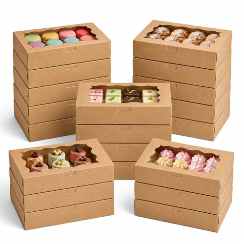 20 Stück Keksschachtel mit Sichtfenster Braun Gebäckkarton 18 x 11 x 4 cm | Keksverpackung Geschenkbox für Kekse, Pralinen und Gebäck, Geburtstag, Party und Gastgeschenke