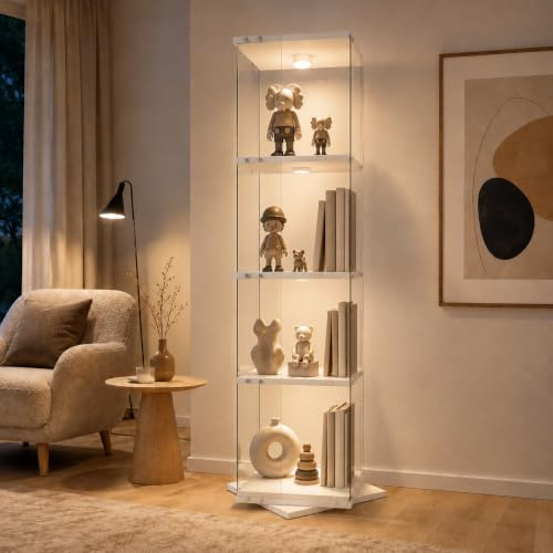 Stående glasvitrinskåp med LED-belysning, vit (vit, 1 dörr 4 våningar) | Vitrinskåp glas modernt samlarvitrinskåp glas LED 4 våningar stående vitrinskåp vardagsrum hörnvitringlas, 360° vridbar