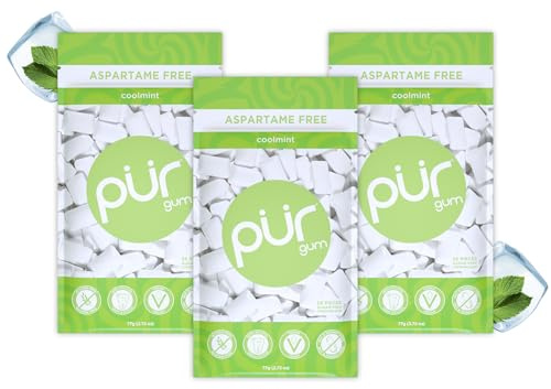 PUR Gum | Chicle Sin Azúcar | Con Xilitol | Vegano, Sin Aspartamo y Sin Gluten | Chicle Natural Con Sabor a Coolmint, 55 Piezas (Paquete de 3)