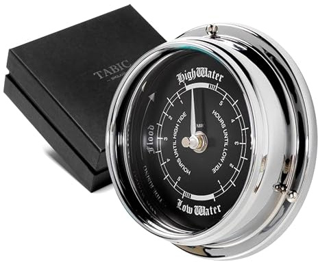 Tabic Prestige Tide Clock in Chrome with Jet Black Dial, Traditional Marine Tide Wall Clock, Ocean-Themed Nautical Clock for Beach Enthusiasts - Heavy Chrome Plated, Handcrafted in England