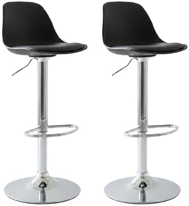 Vaukura Taburete de Bar Juego de 2 | Taburetes Regulables en Altura en Piel Sintética Negro | Taburete de Cocina Giratorio 360° | Base de Acero Cromado con reposapiés | Estilo Moderno Cocina y Barra