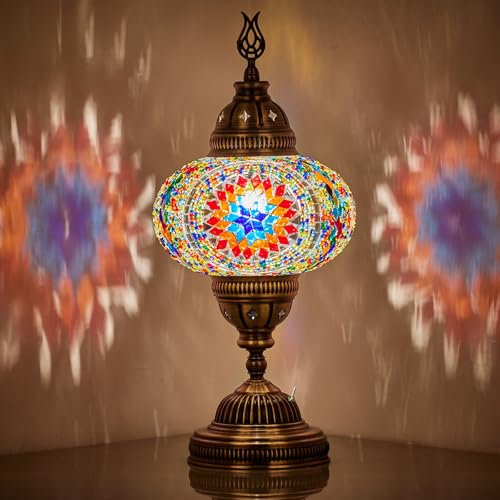 Lampe de Table à Piles Turque en Mosaïque – 30 cm H, 13 cm L, Lampe Portable en Verre Teinté pour Usage Intérieur et Extérieur, Lumière Décorative Sans Fil pour Chambre, Balcon, Patio et Camping