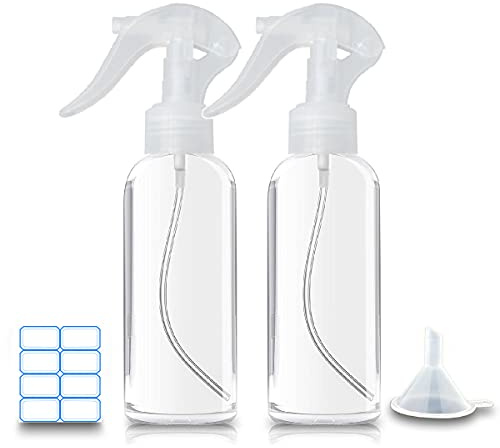 KwoKmarK Small Spray Bottles, Hair Spray Bottle 3.5oz/100ml Clear Plastic Fine Mist Travel Size Mini Empty Bottle Set Refillable Reusable Liquid Container for Essential Oils Water Squirt (2 Pack)