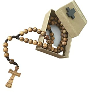 AMPALS, rosario in legno d'ulivo fatto a mano a Gerusalemme, rosario in scatola di carta Kraft con crocifisso, regalo battesimo, comunione, feste cristiane, nascita, compleanno, protezione auto, casa