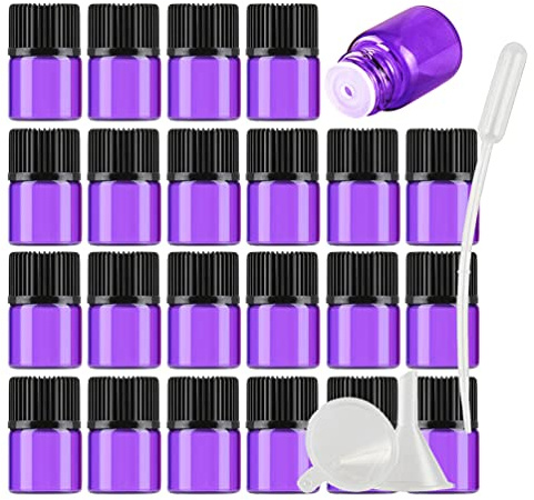 TIANZD 25Pcs 1ml Empty Purple Glass Vial Essential Oil Bottles with Orifice Reducer and Black Cap for Cosmetic Essential Oils Chemistry Lab Chemicals Colognes Perfume Aromatherapy
