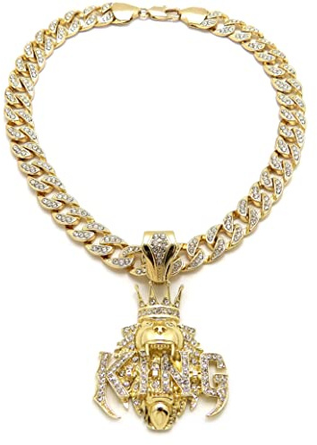 MAXBLING81 Gold Plated King Crown Lion Pendant & 10mm 18 20 24 Iced Cuban Chain Lab Diamond Hip Hop Jewelry Necklace (PENDANT ONLY)