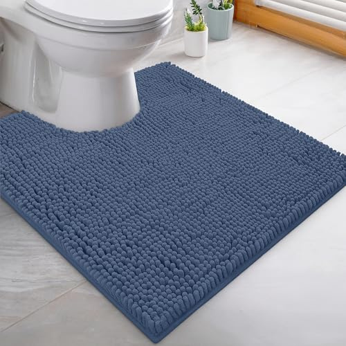 LuxUrux Tappetino da bagno a forma di U - Tappeto assorbente e antiscivolo per base WC, in ciniglia felpata, lavabile in lavatrice (50,8 x 50,8 cm, blu medio)
