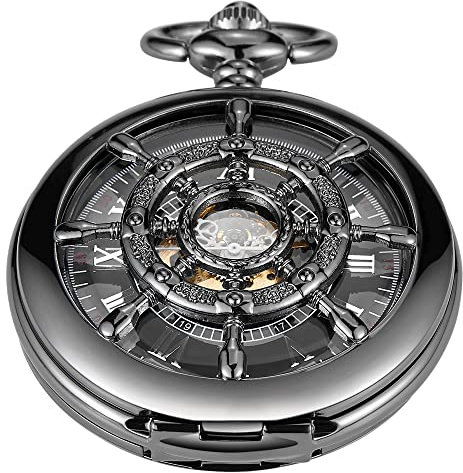 Tiong Black Rudder Pattern Double Opening Case Men's Mechanical Pocket Watch, Skeleton Unique Mechanical Roman Numeral Pocket Watches for Men