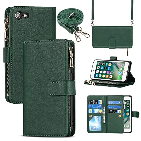 CAVOR Handykette Handyhülle kompatibel mit iPhone 7/8/SE 2020/SE 2022 Hülle Mit Band,Flip Leder Geldbörse Hülle Mit Kette,[9 Kartenfach][Magnetisch],Klapphülle Handytasche - Dunkelgrün