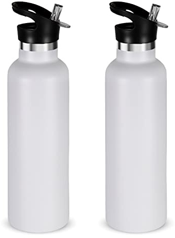 Volhoply 750ml Bottiglia in Acciaio Inox con Cannuccia 2 Confezioni, Isolato Borraccia Termica con Manico, Bottle a Doppia Parete, Bottiglie Sportive per Bambini,Scuola,Lavoro(Bianco, 2 set)