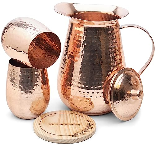 Großer Krug aus reinem Kupfer (2000 ml) mit 2 Trinkwassergläsern | Vase | Wasserkrug-Set