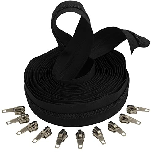 Aerzetix - C62768x5-C62926x10 - Kit di Cerniera Lampo Rinforzata Spirale 5m N°5 18G/MB Colore: Nero + 10 cursori N°5 autobloccanti Colore: Argento - merceria Cucito