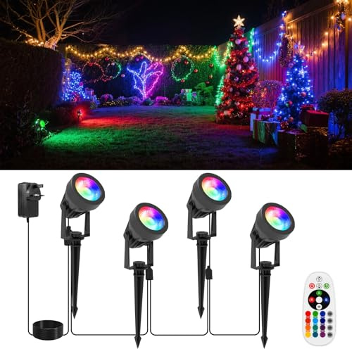 NATPOW Garden Lights Mains Powered, RGB Garden Spot Lights, LED Landscape Spotlights with Remote Control, IP65 Waterproof Spike Lights for Outdoor Tree Decorations, Lawn, Pathway Yard (4-in-1)