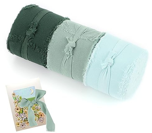 Handgemachtes Fransen Chiffonband,4 cm × 32 m / 3 Rollen Gemischtes Fransenband Set Chiffon-Seidenband für Hochzeitseinladungen Geschenkverpackungen Dekoband (Grünes Band-Set)