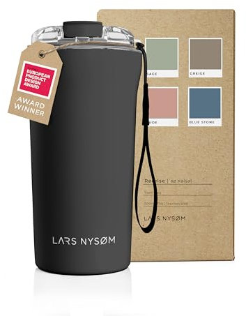 LARS NYSØM Thermo Kaffeebecher to go mit Trageschlaufe & Tritan Deckel | Travel Mug 0,5 Liter mit Isolierung | Auslaufsicherer Edelstahl Thermobecher für Café & Tee (Carbon Black, 500ml)