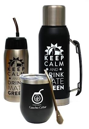 Gaucho Cebar Yerba Mate Set completo di accessori | thermos da 1 l nero e Yerbomos 680 ml in acciaio inox Mate tazza da tè in termolide tazza da 350 ml | cannuccia in acciaio Bombilla 19 cm