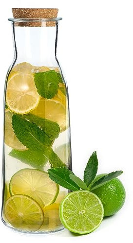 KADAX Jarra de cristal con tapa de corcho, 1 L, jarra de agua de cristal, 27 x 9 cm, para agua, limonada, vino y zumo, jarra de agua con tapón de corcho (1 L)