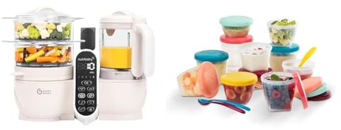 Babymoov Set Nutribaby Plus Mineral Beige - Babynahrungszubereiter, 2200ml Fassungsvermögen + Babybols Aufbewahrungsbehälter für Babynahrung 15-teilig (3x120ml + 3x180ml + 6x250ml + 3 flexible Löffel)