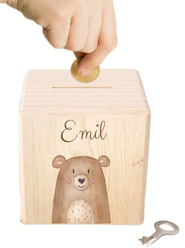 wunderwunsch - Personalisierte Spardose Kinder aus Holz mit Metallschloss - Spardose mit Namen mit kinderfreundlichem UV-Druck zum Sparen für Kinderträume