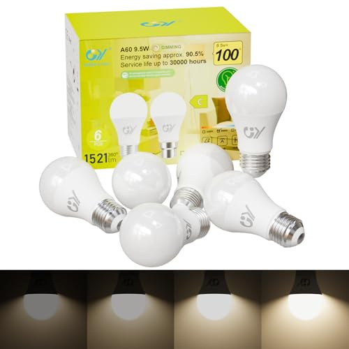 GY E27 LED Dimmbar Neutralweiss Glühbirne, 9,5W 4000K 1521 Lumen Neutralweiß Lampe, 100W Leuchtmittel ersetzt, Dimmbare Energiesparlampen, 6 stück