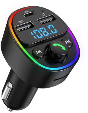 Bluetooth 5.4 FM Transmitter for Car Mp3 Player, Type-C & USB-A Fast Charger, Hi-Fi Stereo Audio, Hands-Free Call, Ring Ambient Light, Car Charger Adapter