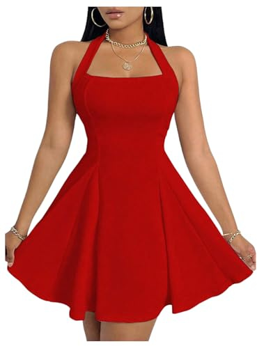 GORGLITTER Women's Halter A Line Mini Dress Sleeveless High Waist Swing Party Cocktail Dresses Red XS