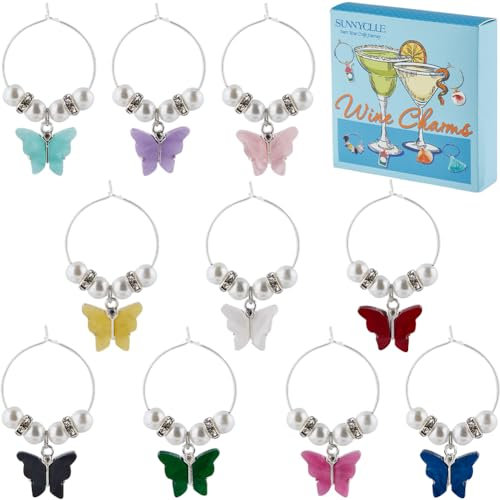 SUNNYCLUE 1 BOX 10PCS Alloy Butterfly Wine Glass Identifiers Animal Drink Marker Silver Colorful Butterflies Stem Glasses Identifier Tags for Gathering Wedding Party Favor Drinks Decor