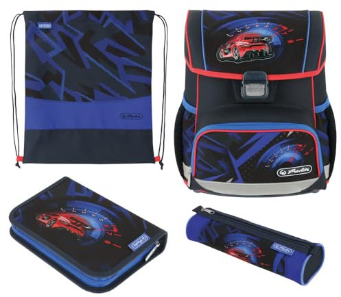 Herlitz Schulranzen Set 4-teilig Loop High Speed Blau 17 L Ergonomischer Tornister mit geringem Gewicht 1. Klasse Junge Mädchen Kinder, Rennauto