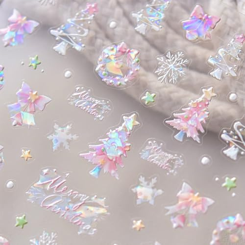 Rosa Weihnachten Nagelsticker Selbstklebend Shiny Aurora Muschel Christmas Tree Nail Sticker Xmas Schneeflocke Stern Kranz Winter Urlaub Nagel Deko Nageldesign Nail Art