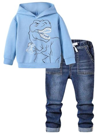 Vuncio Ensemble Hiver Garçon 1-7 Ans Vêtements Enfants Garçons Pantalon Jeans Et Haut Sweat a Capuche Dinosaure Mignon Animal Dessin Fashion Casual Sport Jogging Vacances (Bleu, 3-4 ans)