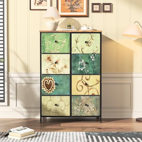 Ravas Kommode aus Stoff mit 8 Schubladen, Organizer mit Stahlrahmen, Schlafzimmer-Kommode, Schrank für Wohnzimmer, Flur, Schlafzimmer, 68 x 30 x 100 cm (Retro-Muster)