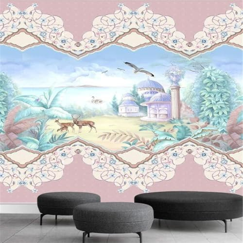 Tzxztt Elch Tier Blume Vogel Schloss Moderne 3D Tapete Geprägte Seide Neutrale Töne Material Ideal Für Wohnzimmer Schlafzimmer-300cm×210cm